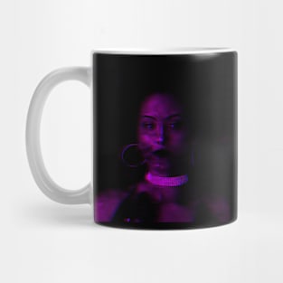 Beautiful girl, violet lighting, blue tones, jewelry. Beautiful and dark. Mug